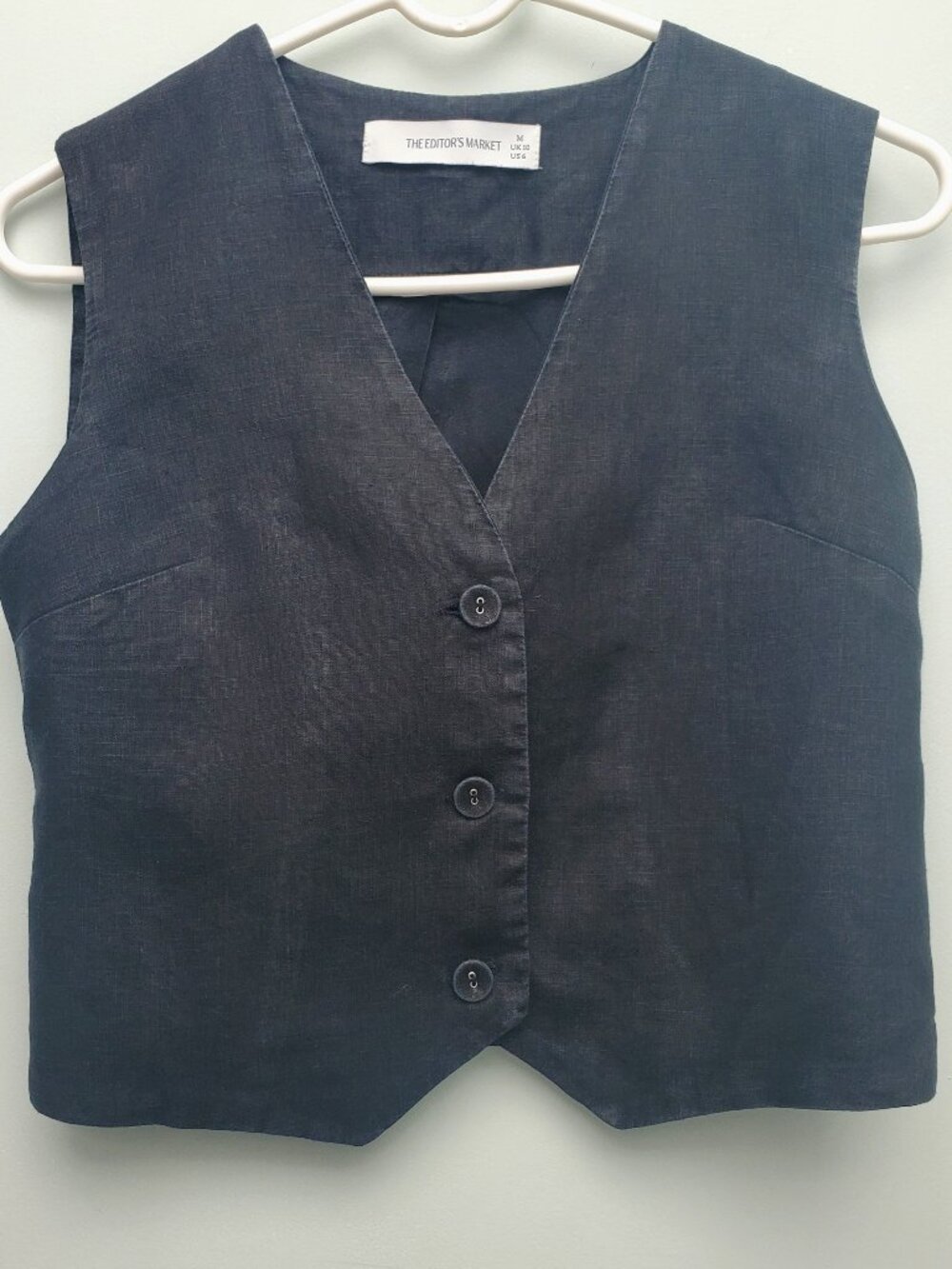 The Editor's Market Black Linen Vest Waistcoat Minimalist Tailored Buttoned